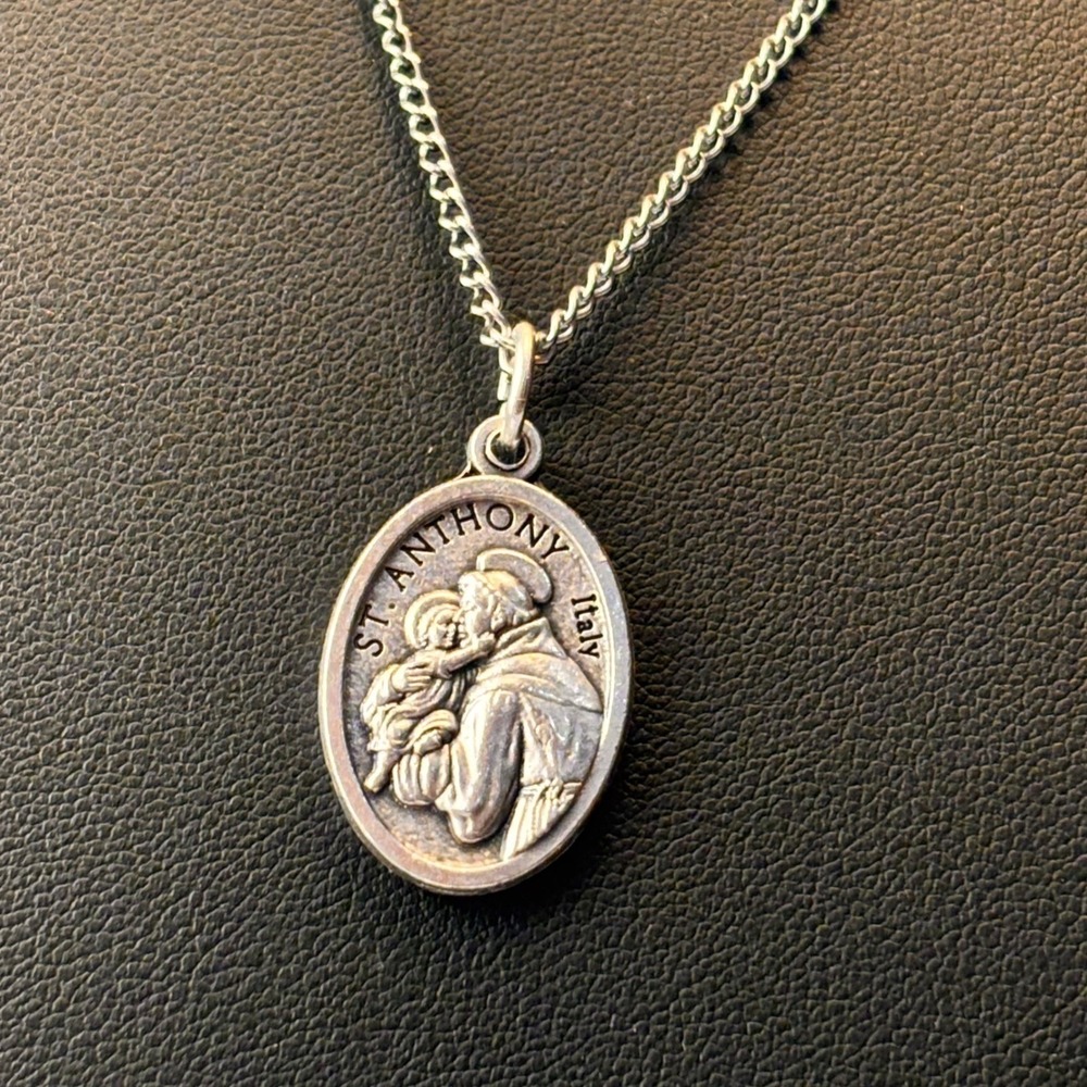 St. Anthony Medal Necklace Silver Tone Italy Pendant Religious Catholic Jewelry